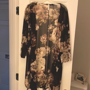 Kimono black with pink and beige floral print. One size